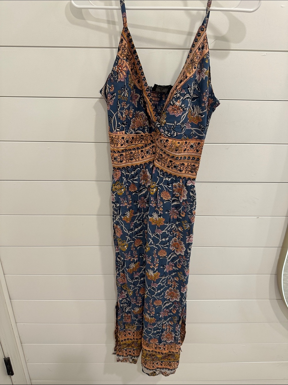 Angie Blue Floral Midi Dress with Peach Accents